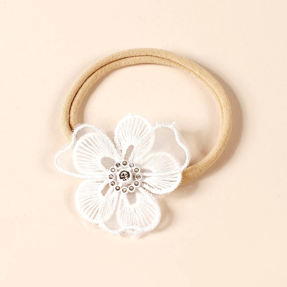 Baby Girls Embroidered Hair Band-Soft White Florals Lace Nylon Headband